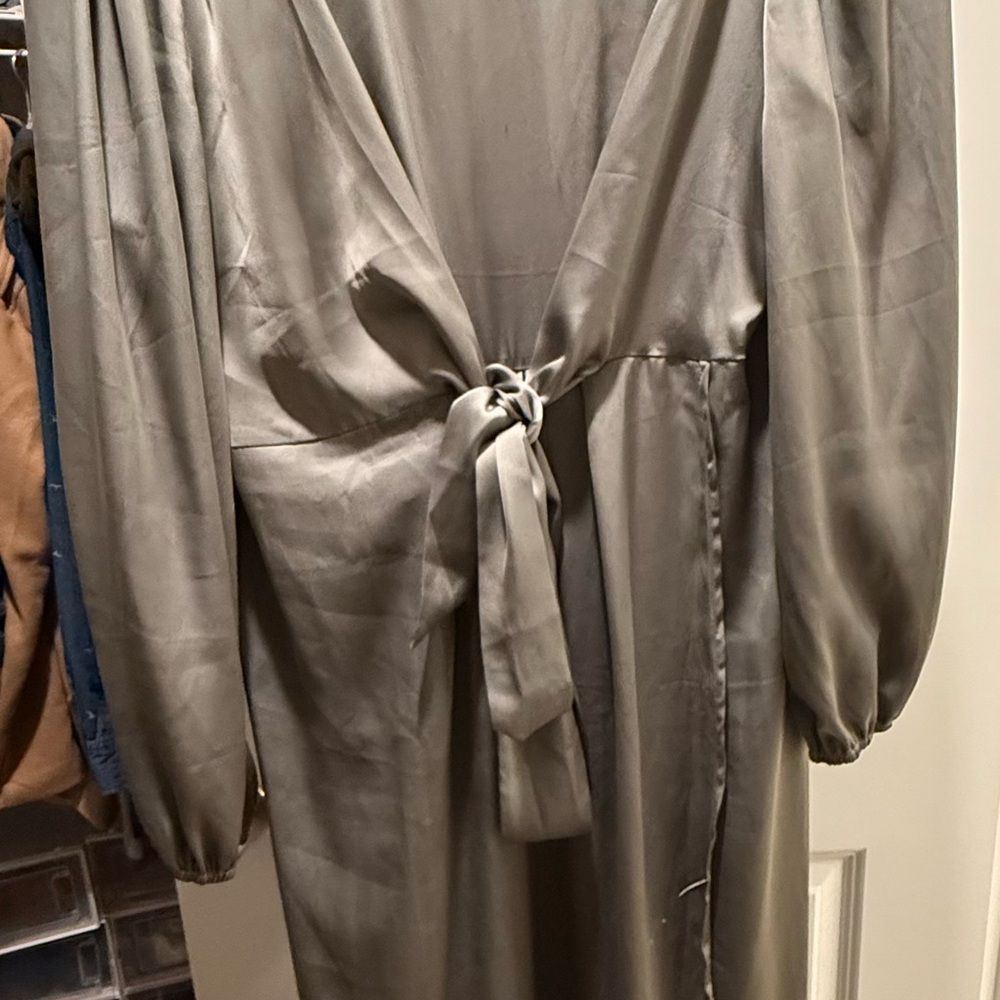 Women's Satin Tie-Waist Coat in Charcoal Gray